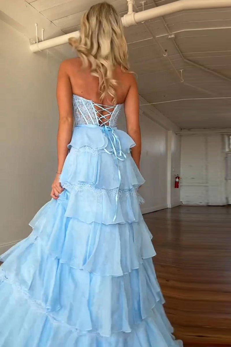Load image into Gallery viewer, Blush Sweetheart A Line Tiered Lace Long Corset Prom Dress with Ruffles