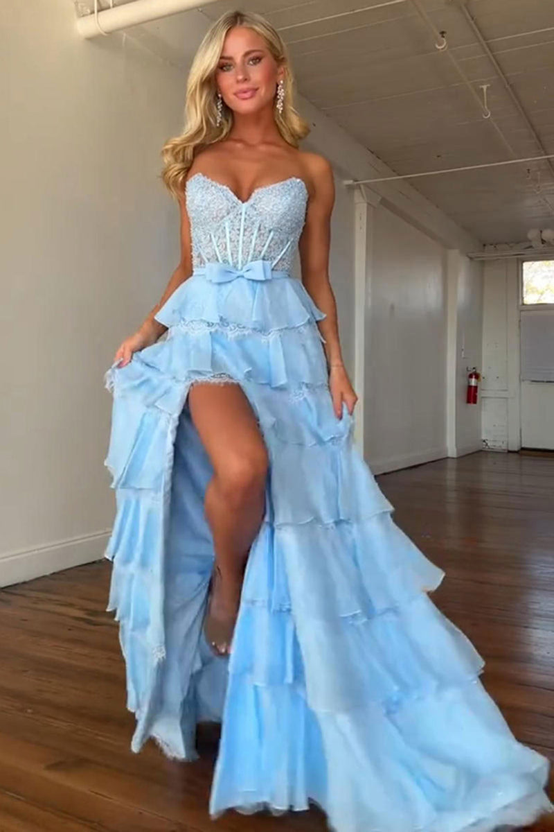 Load image into Gallery viewer, Blush Sweetheart A Line Tiered Lace Long Corset Prom Dress with Ruffles