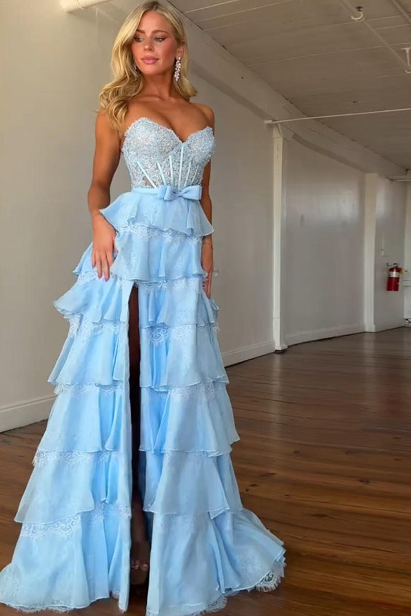 Load image into Gallery viewer, Blush Sweetheart A Line Tiered Lace Long Corset Prom Dress with Ruffles