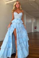Load image into Gallery viewer, Blush Sweetheart A Line Tiered Lace Long Corset Prom Dress with Ruffles