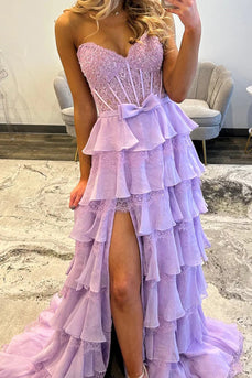 Blush Sweetheart A Line Tiered Lace Long Corset Prom Dress with Ruffles