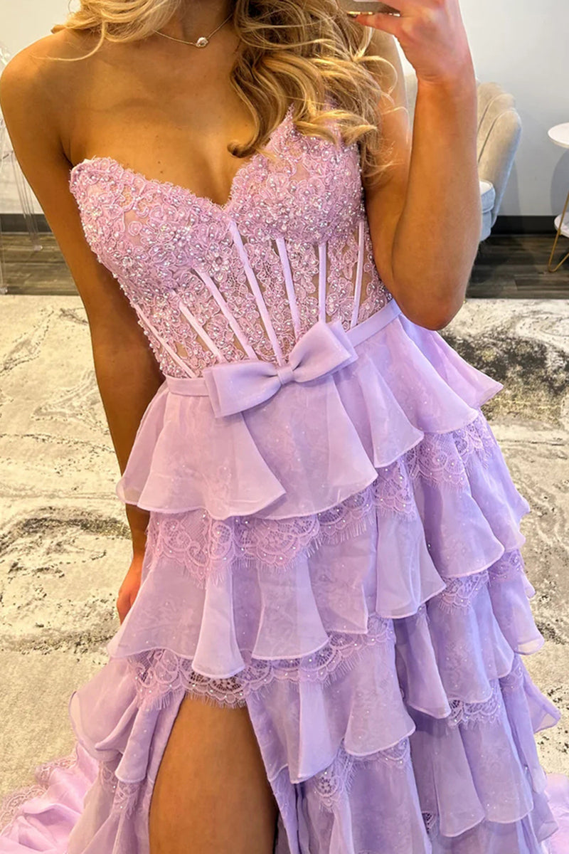 Load image into Gallery viewer, Blush Sweetheart A Line Tiered Lace Long Corset Prom Dress with Ruffles