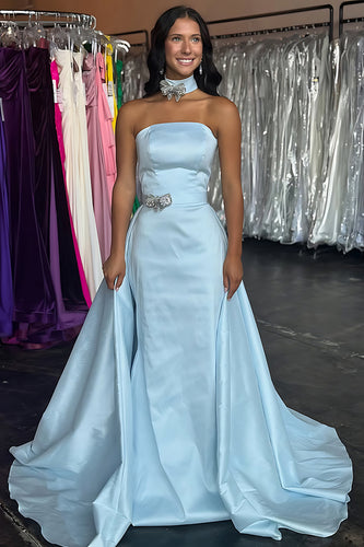 Light Blue Satin Strapless Mermaid Long Prom Dress with Cape