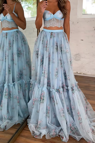 2 Piece Blue A Line Tulle Long Prom Dress with Lace