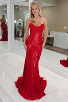 Load image into Gallery viewer, Red Sweetheart Mermaid Lace Long Prom Dress