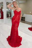Load image into Gallery viewer, Red Sweetheart Mermaid Lace Long Prom Dress