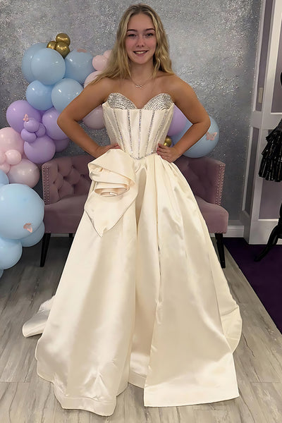 Sparkly Apricot Floral A Line Satin Long Prom Dress with Beading