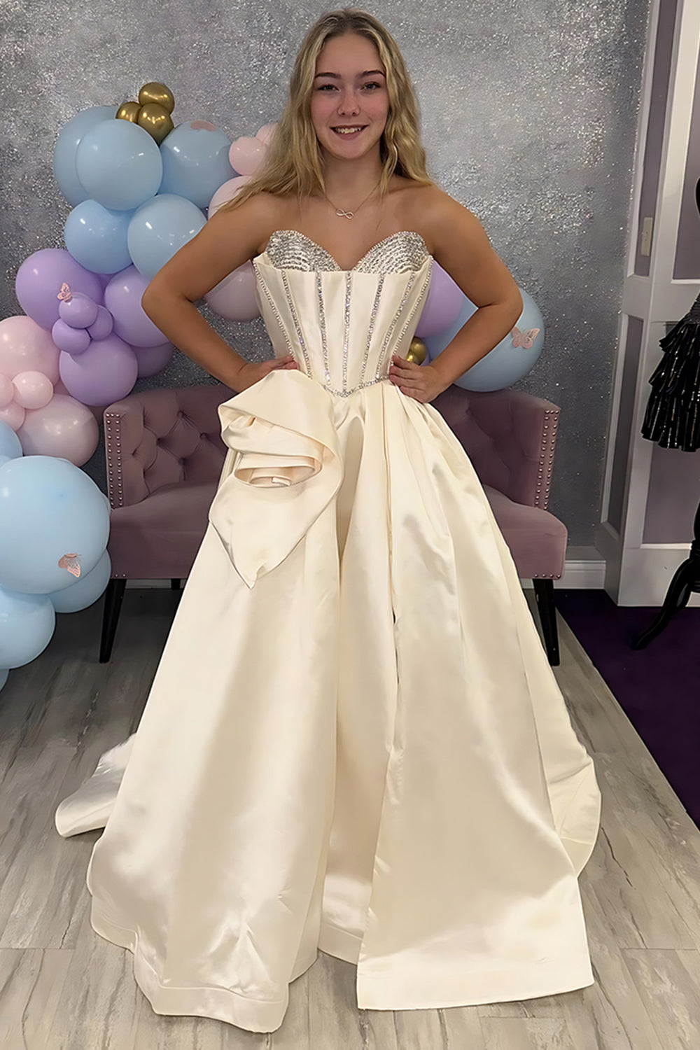 Sparkly Apricot Floral A Line Satin Long Prom Dress with Beading