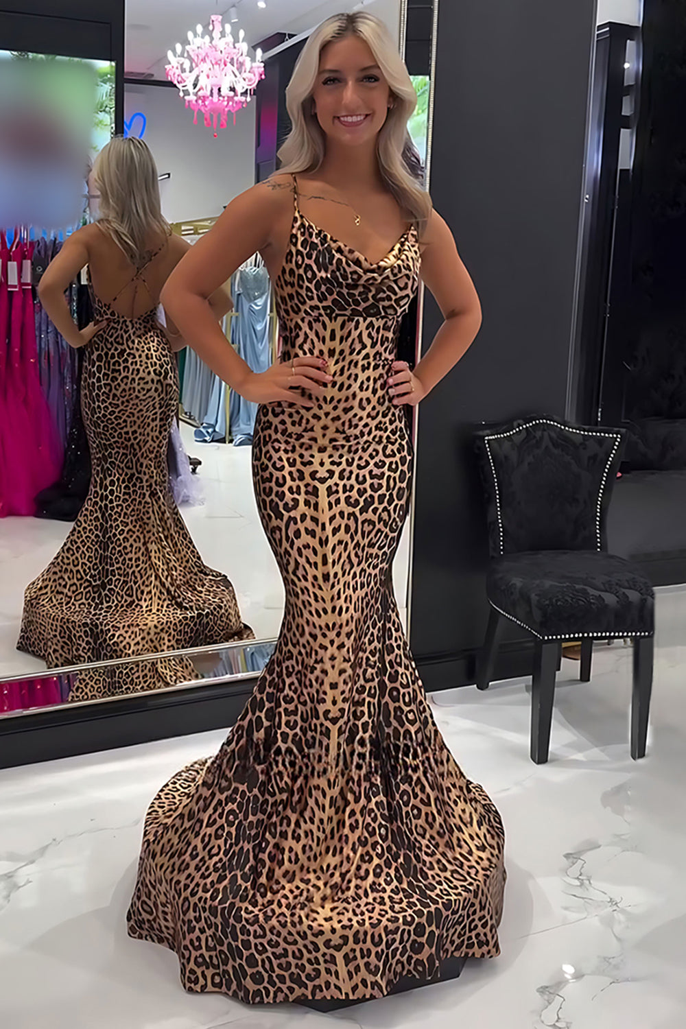 Brown Leopard Spaghetti Straps Mermaid Long Prom Dress