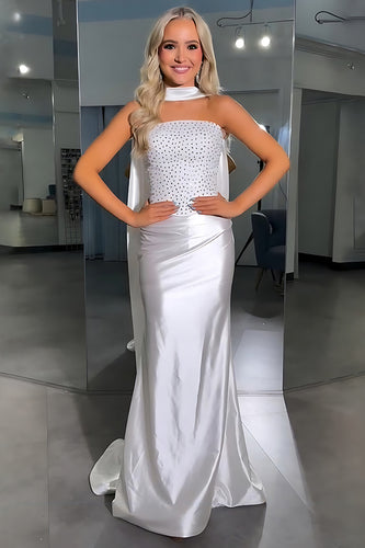 Sparkly White Satin Sheath Strapless Long Prom Dress with Beading