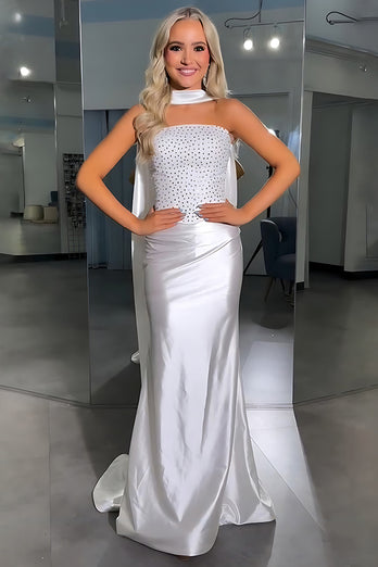 Sparkly White Satin Sheath Strapless Long Prom Dress with Beading