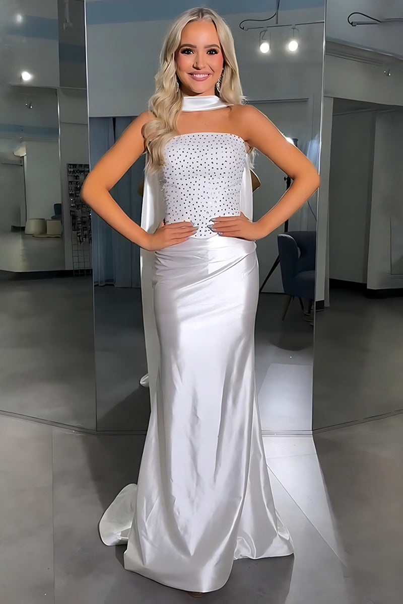 Load image into Gallery viewer, Sparkly White Satin Sheath Strapless Long Prom Dress with Beading