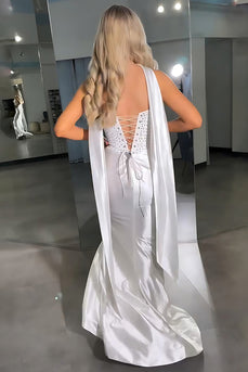 Sparkly White Satin Sheath Strapless Long Prom Dress with Beading