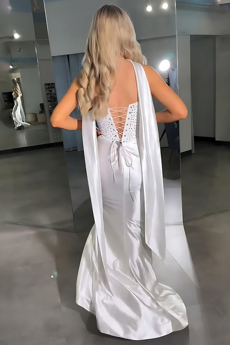 Load image into Gallery viewer, Sparkly White Satin Sheath Strapless Long Prom Dress with Beading