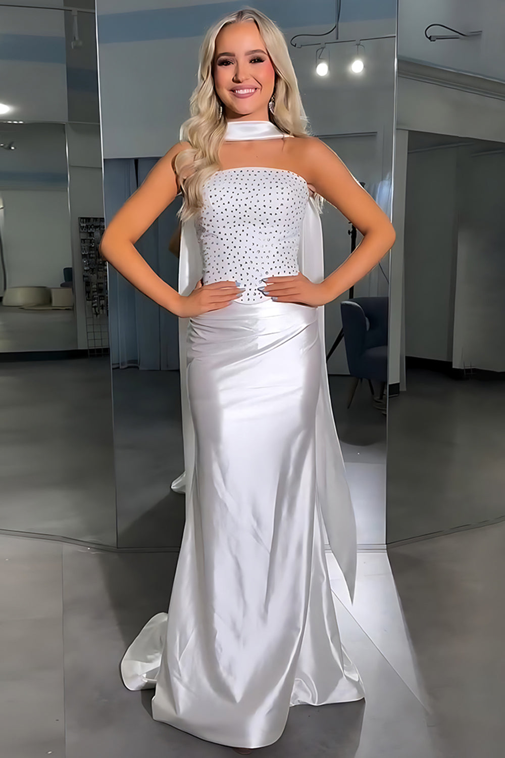 Sparkly White Satin Sheath Strapless Long Prom Dress with Beading