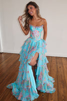 Load image into Gallery viewer, Sparkly Blue Floral Ruffled Long Corset Prom Dress with Slit