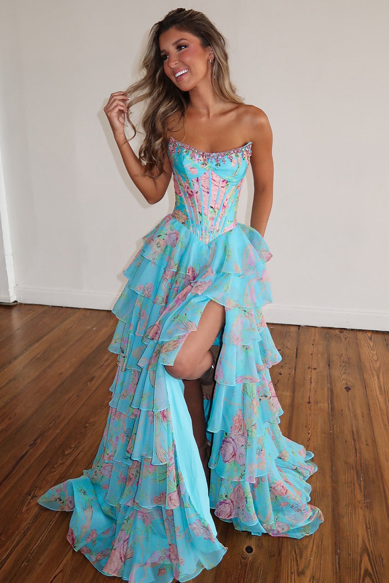 Load image into Gallery viewer, Sparkly Blue Floral Ruffled Long Corset Prom Dress with Slit