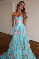 Load image into Gallery viewer, Sparkly Blue Floral Ruffled Long Corset Prom Dress with Slit