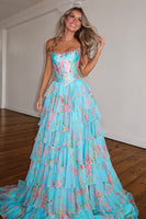 Load image into Gallery viewer, Sparkly Blue Floral Ruffled Long Corset Prom Dress with Slit