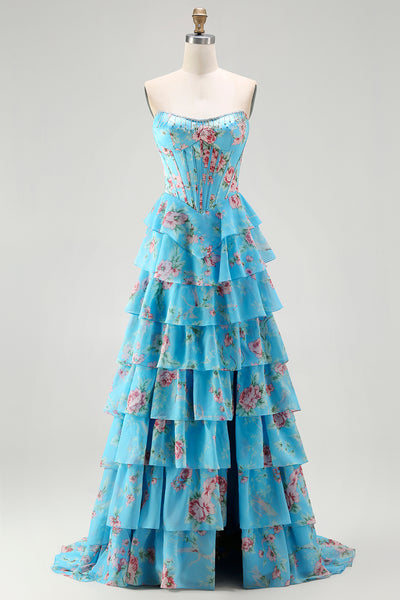 Blue Flower Strapless A Line Corset Long Prom Dress with Ruffles