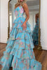 Load image into Gallery viewer, Sparkly Blue Floral Ruffled Long Corset Prom Dress with Slit