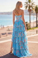 Load image into Gallery viewer, Blue Flower Strapless A Line Corset Long Prom Dress with Ruffles