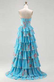 Blue Flower Strapless A Line Corset Long Prom Dress with Ruffles