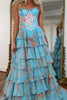 Load image into Gallery viewer, Sparkly Blue Floral Ruffled Long Corset Prom Dress with Slit