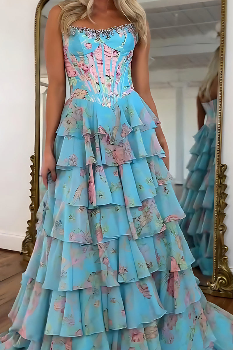 Load image into Gallery viewer, Sparkly Blue Floral Ruffled Long Corset Prom Dress with Slit
