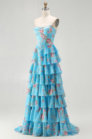 Load image into Gallery viewer, Blue Flower Strapless A Line Corset Long Prom Dress with Ruffles