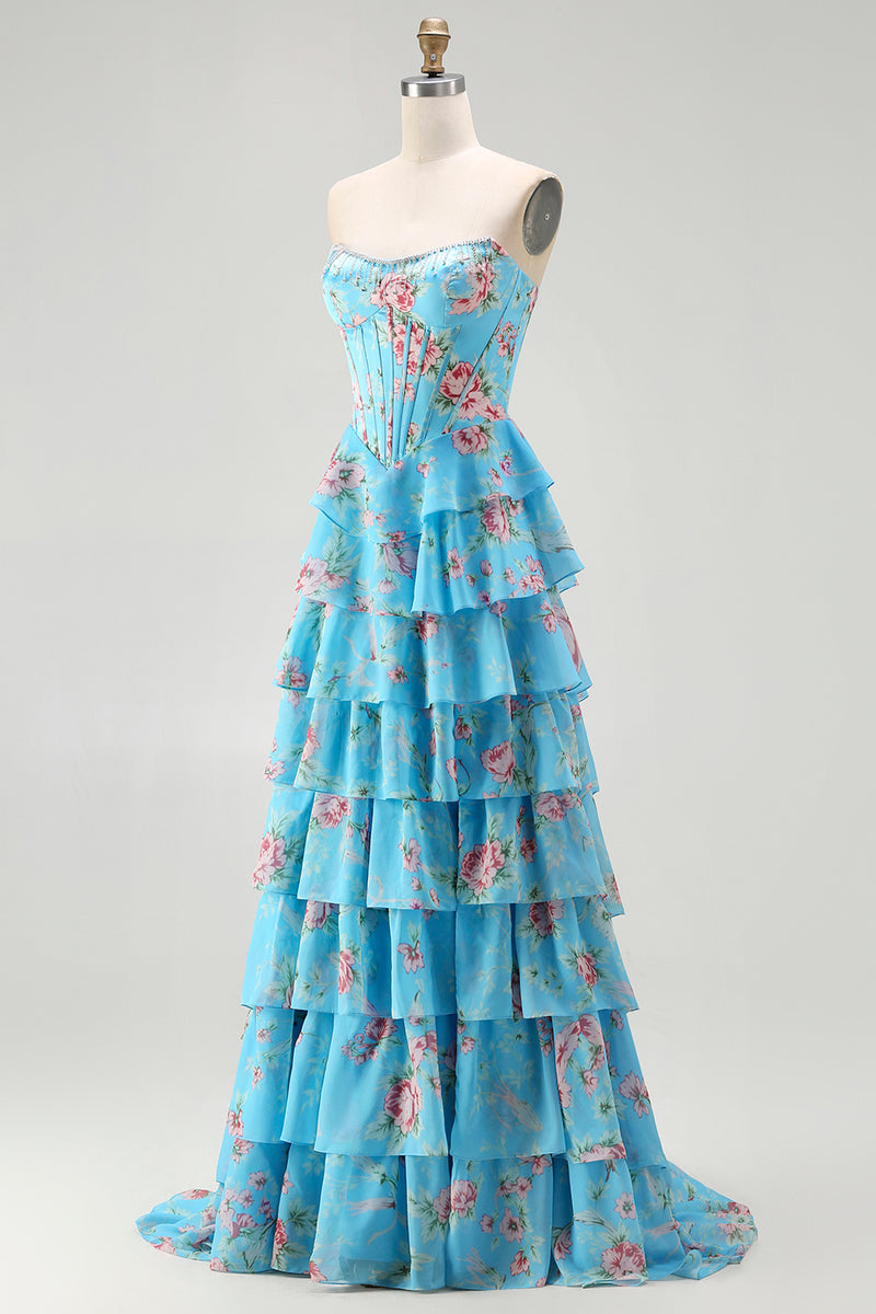 Load image into Gallery viewer, Blue Flower Strapless A Line Corset Long Prom Dress with Ruffles