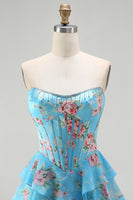 Load image into Gallery viewer, Blue Flower Strapless A Line Corset Long Prom Dress with Ruffles