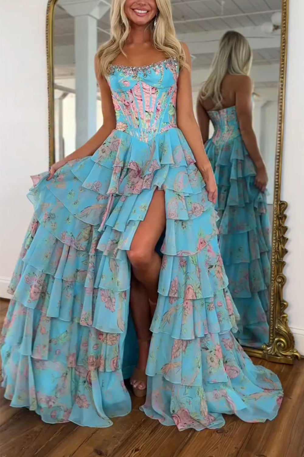 Sparkly Blue Floral Ruffled Long Corset Prom Dress with Slit