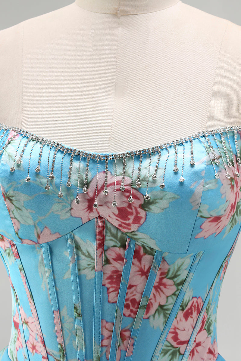 Load image into Gallery viewer, Blue Flower Strapless A Line Corset Long Prom Dress with Ruffles