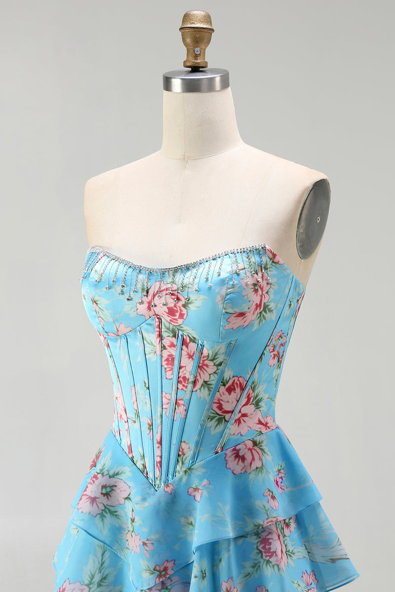 Load image into Gallery viewer, Blue Flower Strapless A Line Corset Long Prom Dress with Ruffles