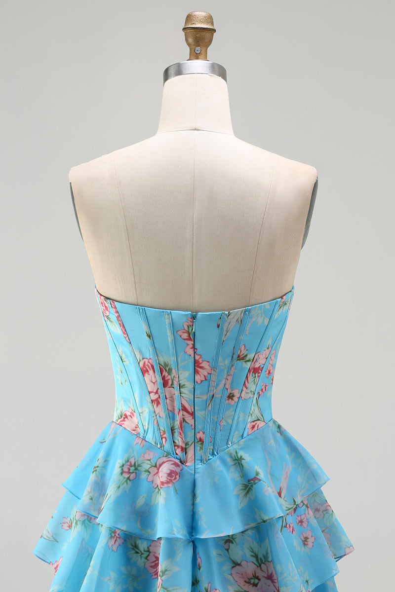 Load image into Gallery viewer, Blue Flower Strapless A Line Corset Long Prom Dress with Ruffles
