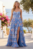 Load image into Gallery viewer, Sparkly Blue Floral Ruffled Long Corset Prom Dress with Slit