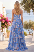 Load image into Gallery viewer, Sparkly Blue Floral Ruffled Long Corset Prom Dress with Slit