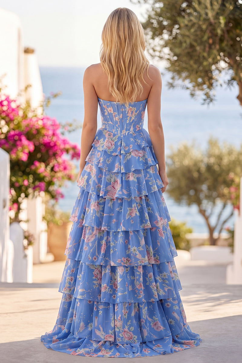 Load image into Gallery viewer, Sparkly Blue Floral Ruffled Long Corset Prom Dress with Slit