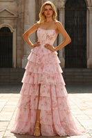 Load image into Gallery viewer, Blue Flower Strapless A Line Corset Long Prom Dress with Ruffles