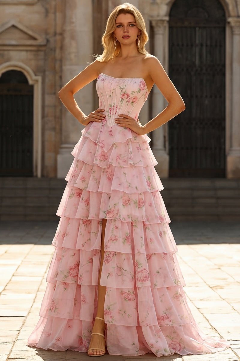 Load image into Gallery viewer, Blue Flower Strapless A Line Corset Long Prom Dress with Ruffles