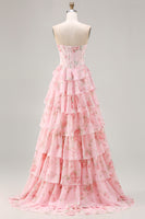 Load image into Gallery viewer, Blue Flower Strapless A Line Corset Long Prom Dress with Ruffles