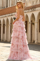Load image into Gallery viewer, Blue Flower Strapless A Line Corset Long Prom Dress with Ruffles
