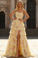 Load image into Gallery viewer, Blue Flower Strapless A Line Corset Long Prom Dress with Ruffles
