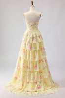 Load image into Gallery viewer, Blue Flower Strapless A Line Corset Long Prom Dress with Ruffles