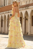 Load image into Gallery viewer, Blue Flower Strapless A Line Corset Long Prom Dress with Ruffles