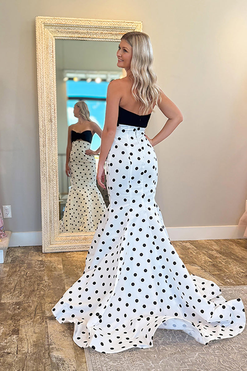 Load image into Gallery viewer, White Black Dot Mermaid Strapless Long Prom Dress