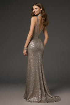 Sparkly Dark Silver Mermaid V-Neck Long Sequin Formal Dress with Slit