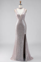 Load image into Gallery viewer, Sparkly Dark Silver Mermaid V-Neck Long Sequin Formal Dress with Slit