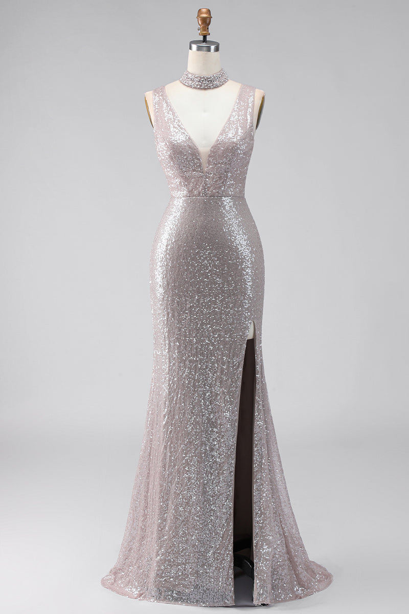 Load image into Gallery viewer, Sparkly Dark Silver Mermaid V-Neck Long Sequin Formal Dress with Slit